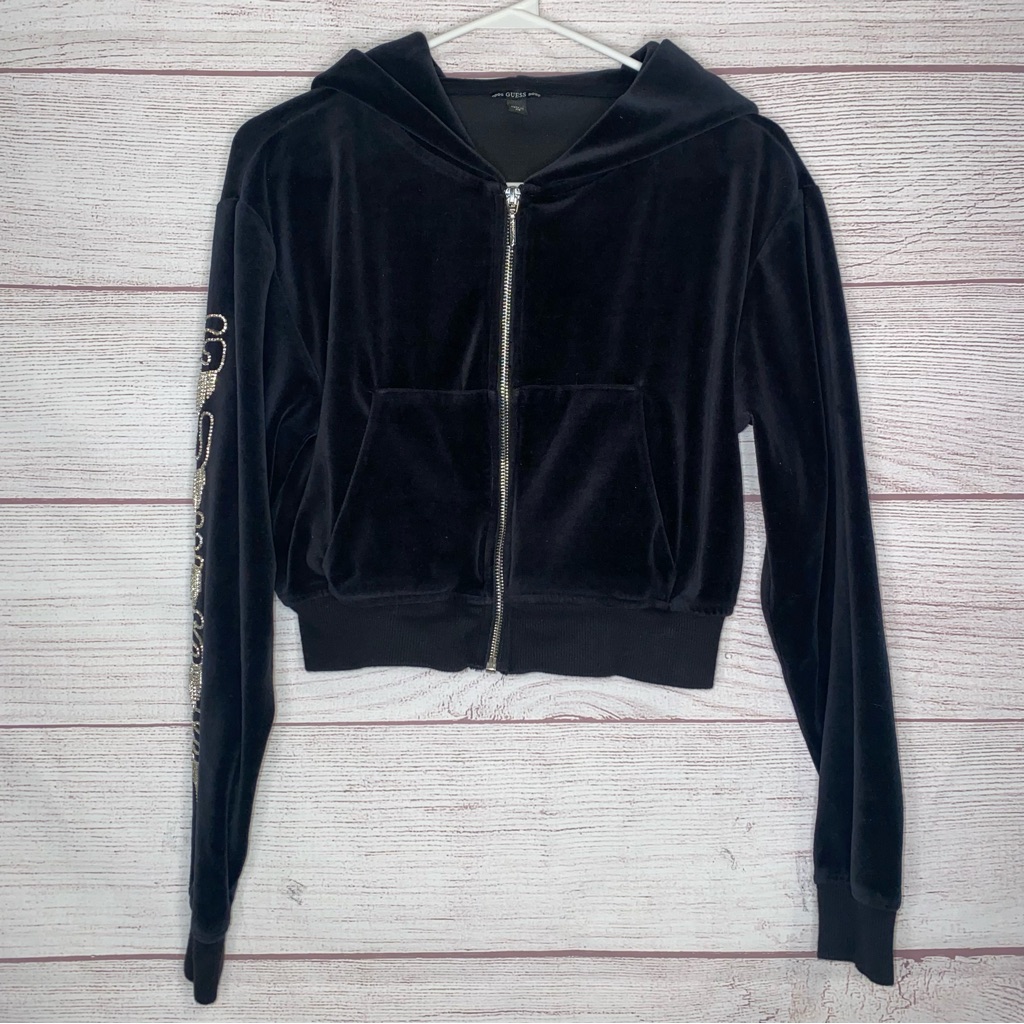 Guess Women’s Black Velvet Zip Up Hoodie Jacket Vintage Y2k